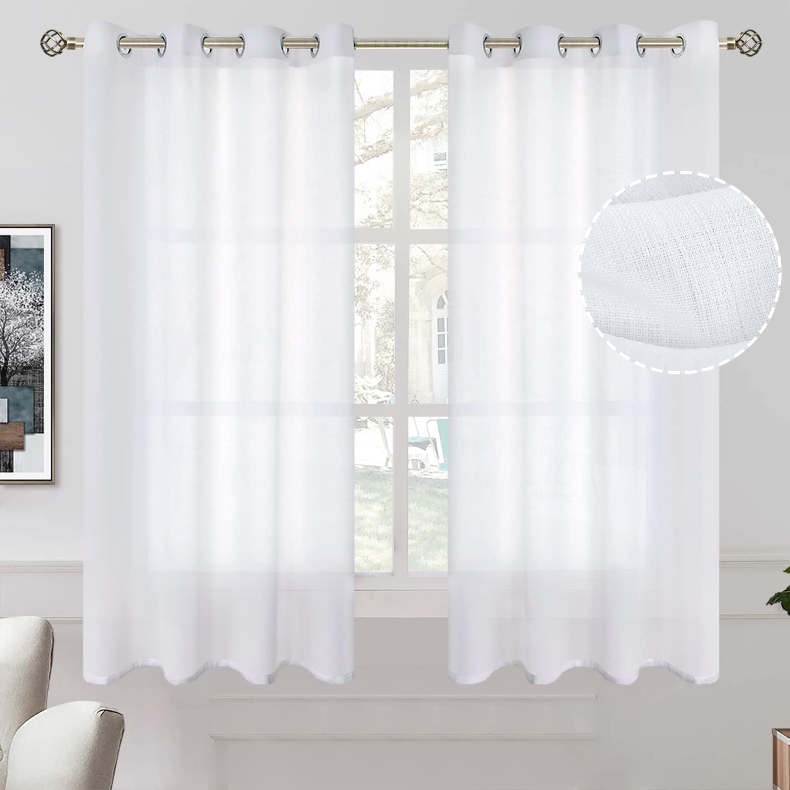 BGment Short Linen Sheer Curtains for Bedroom, 52 x 54 Inch White Window sheers Drapes Grommet Light Filtering Semi Sheer Casual Window Treatments Textured Privacy Curtains for Bay Window, 2 Panels