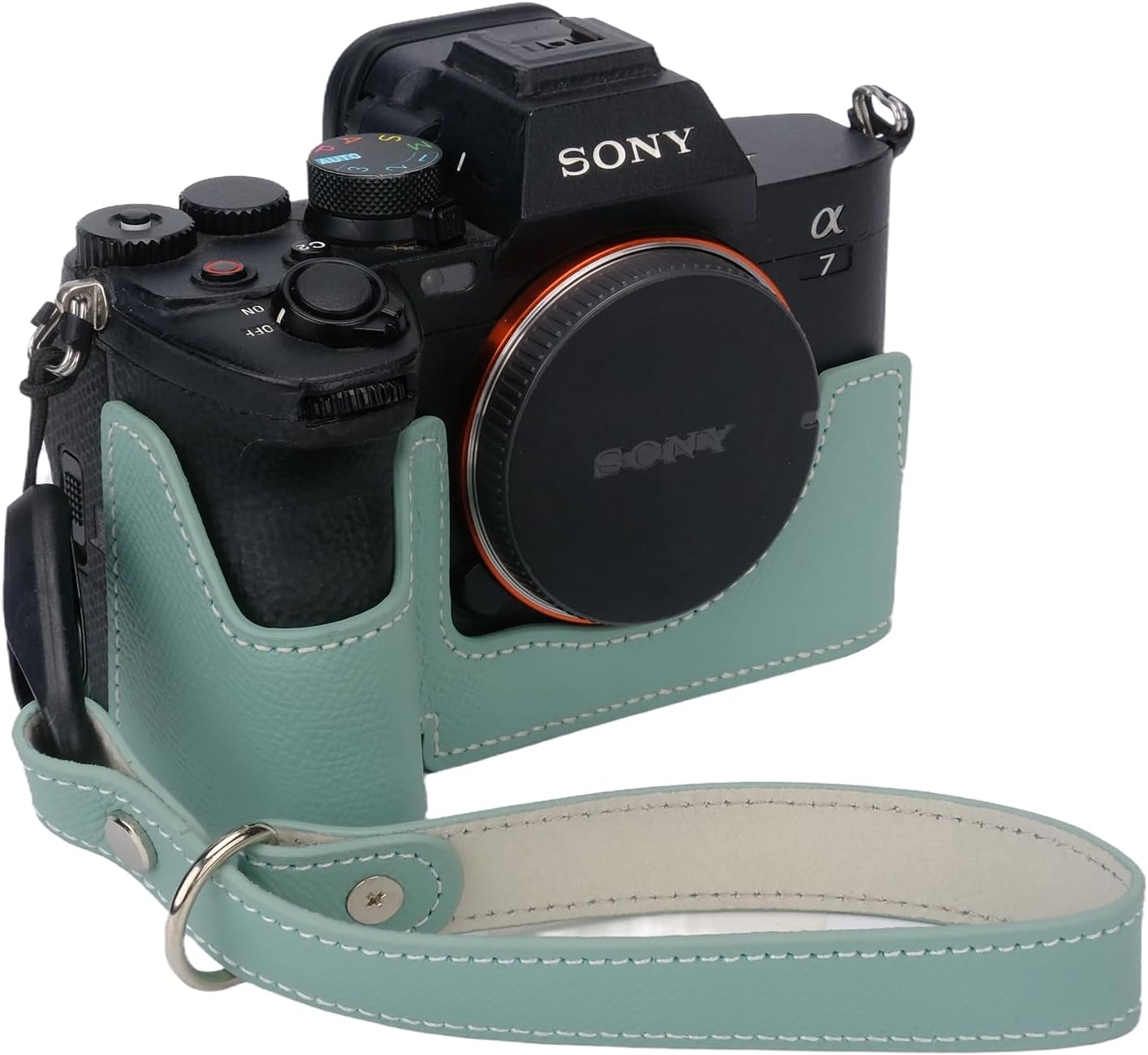 Bowan for Sony A7 Mark IV Camera Case,Handmade Genuine Real Leather Half Camera Case Bag Cover for A7IV A7M IV A7M4 A7 Mark IV A7RV A7R5 Camera Bottom Opening Version + Hand Strap (Mint Green)