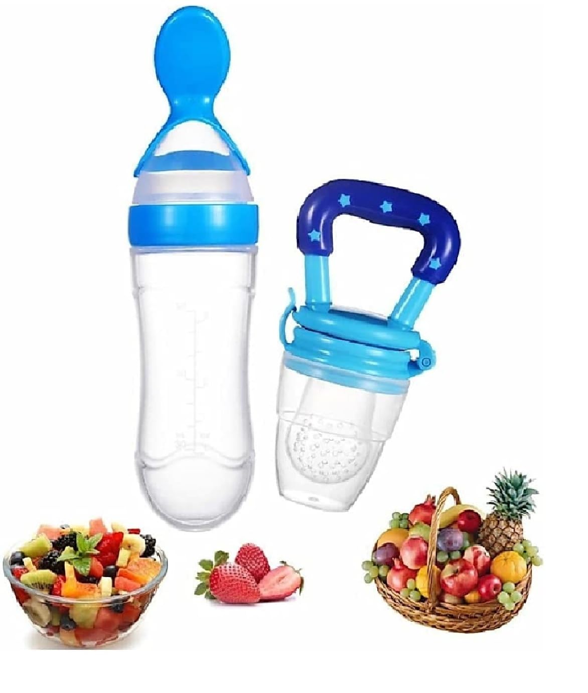 The Moms care Combo of Fruit Nibbler Pacifier and Silicone Squeeze Feeding Spoon Bottle for Feeding Milk Cereal 0 to 12 Months Daily Needs Items, Same Color Design Blue Set for Your Baby Boy-image-6