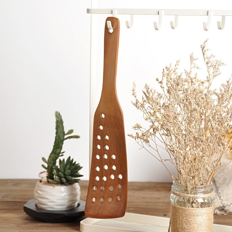 Miniatura 3 de Juego de 2 espátulas Wok de madera, utensilios de cocina de diseño de 24 agujeros para cocinar antiadherentes, girador de madera ecológico para