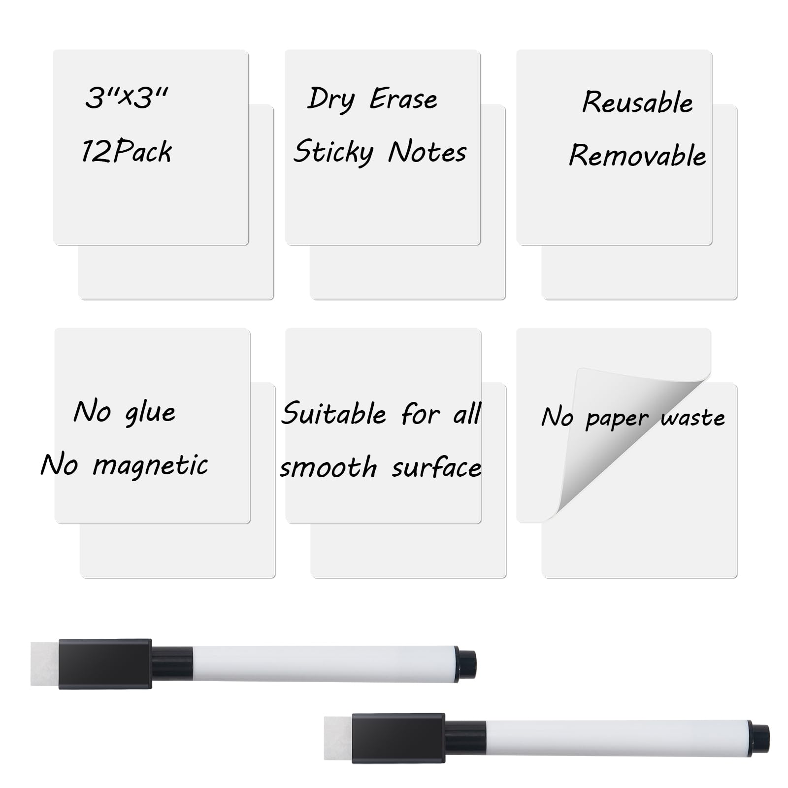 Reusable Dry Erase Sticky Notes, Dry Erase Stickers Labels, 12 PCS 3"x3" Removable White Board Stickers for Storage Bins, Waterproof Name Tags for All