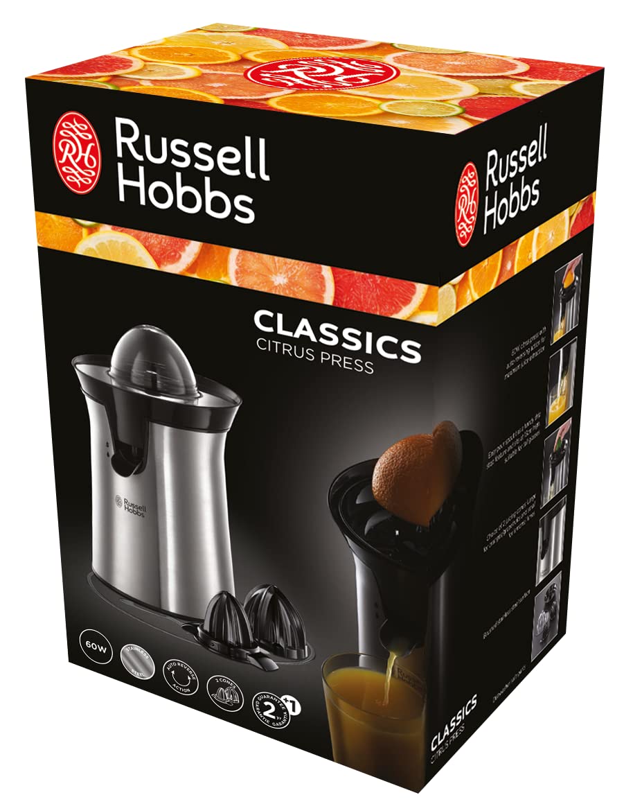 Russell Hobbs Presse Agrumes Electrique [Automatique] Classic Inox brossé (Facile & rapide,2 Sens Rotation,2 Cônes Interchangeables, sans BPA, lavables lave-vaiselle, Bec verseur stop goutte) 22760-56