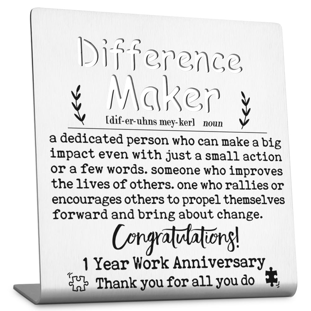Difference Maker Work Anniversary, 1 Year Employee Appreciation gift, Motivational Office gift for Coworker Team Member Boss, Thank You Recognition 1 Year Work Anniversary Decor Signs-LSG50