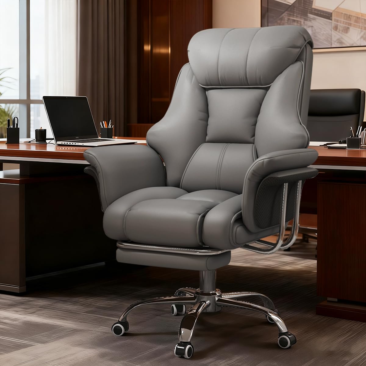 XUEGW Office Chair with Foot Rest and Waist Lumber Support, Ergonomic Gaming Chair with Adjustable Height Headrest, High-Back PU Leather Reclining Chair for Home Office (Grey)