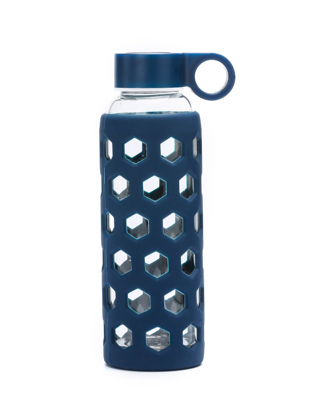 Premium Borosilicate BPA-Free Glass Water Bottle 12 oz with Silicone Sleeve & Stainless Steel Lid (Dark Blue)