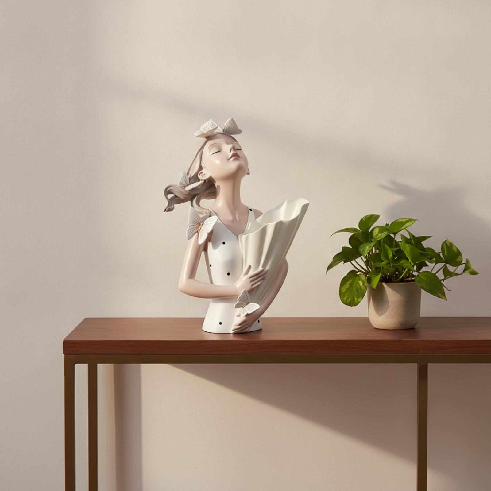 Dekorative Harzvase Mädchen Büste Blumenvase Schmetterling Figurine Handbemalt Kreative Wohndeko für Wohnzimmer Bücherregal Schreibtisch Geschenk, Grün