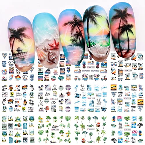 Summer Palm Tree Nail Art Stickers, Water Transfer Coconut Tree Nail Decals For Nail Art, Tropical Style Ocean Beach Nail Design Sticker For Diy Nails Design Manicure Tips Decorations 12Pcs #TOP10