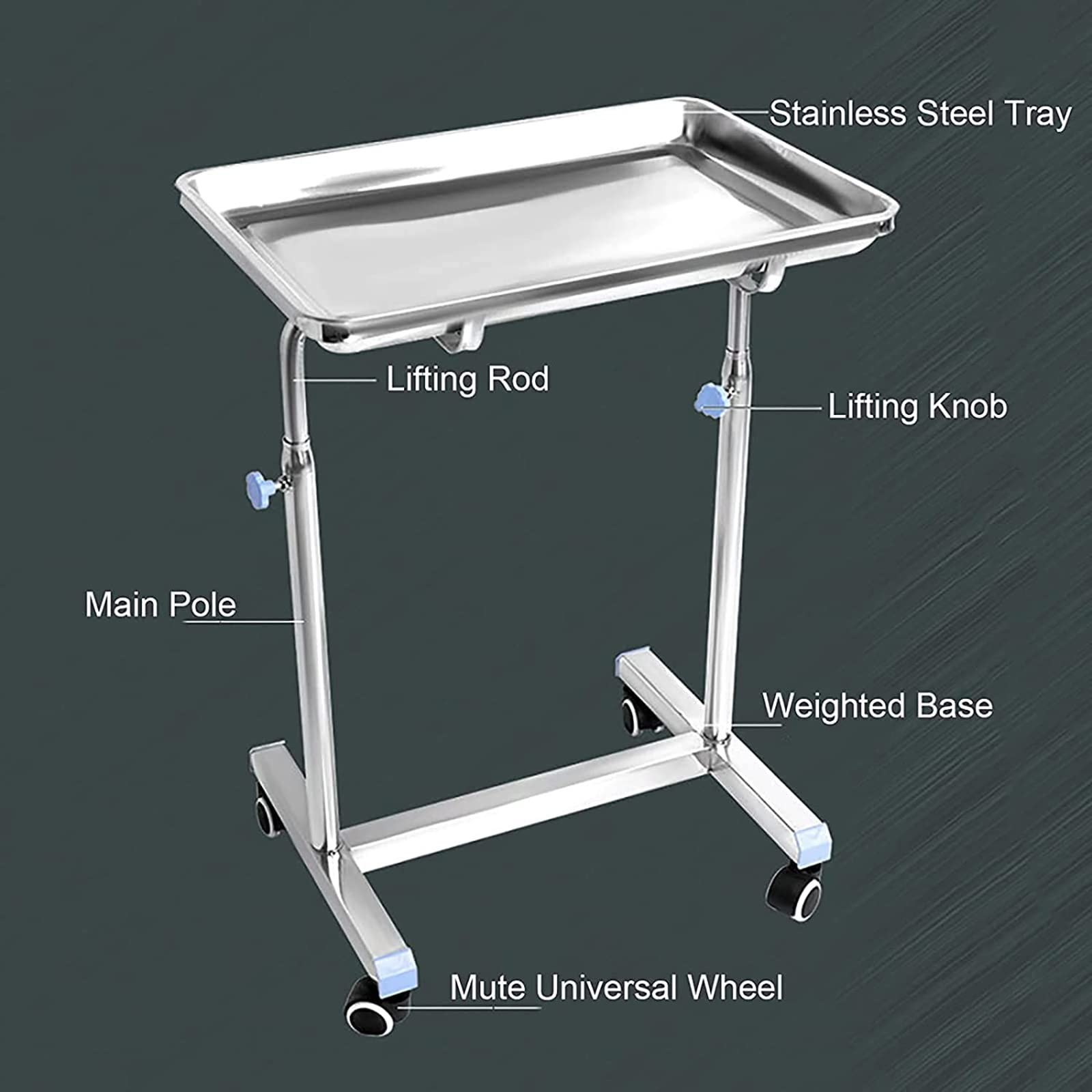 Bandeja móvil Mayo, carrito de acero inoxidable de altura ajustable con bandeja extraíble para instrumentos y ruedas para equipos médicos, spa, médicos y tatuajes