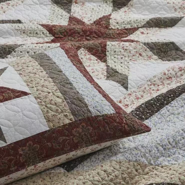 California King Quilt red Boho Vintage Patchwork for King Size Bed - 100% Cotton Farmhouse Quilt(118x102Inch) with Star and Flower Pattern Bedding Sets | cotton - Image 7