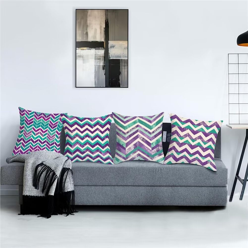 Kissenbezug 50 x 50 4er Set Kissenbezug Lila Dekokissen Modern Sofakissen Leinen Kopfkissenbezug Grün Kissenbezüge Kissenhüllen für Geschenke für Frauen Zierkissenbezug, Sofa Wohnzimmer Zierkissen G-4