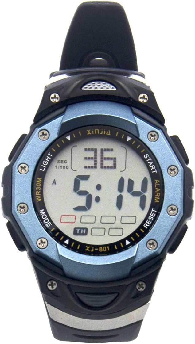 కోణీయ view of the XINJIA XJ-801 electronic watch in blue, showing the buttons labeled MODE, LIGHT, START, and RESET.