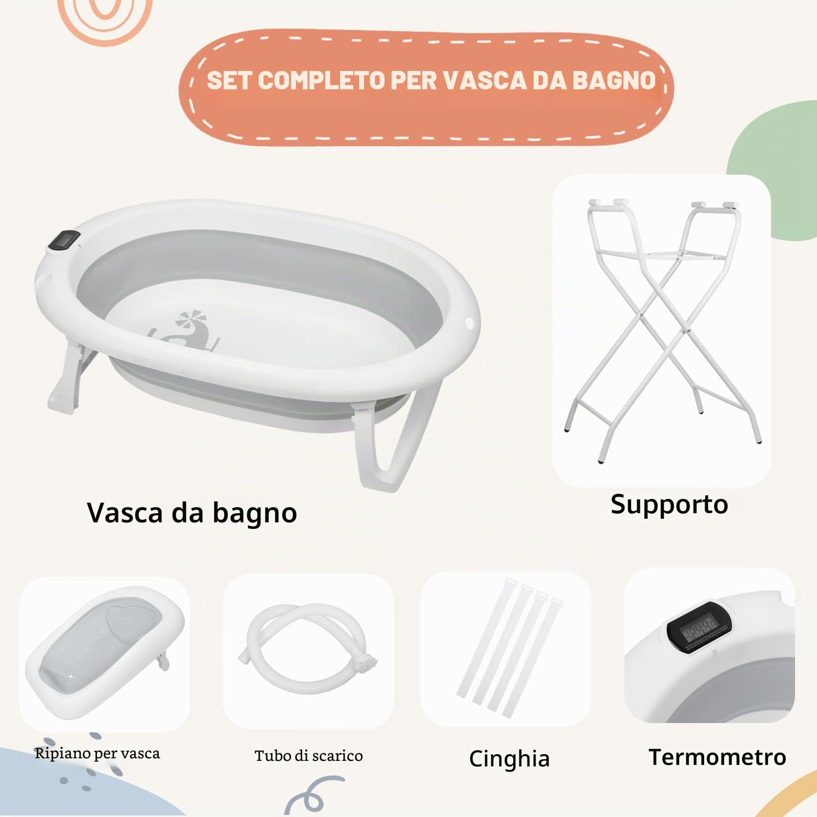 Vasca da bagno pieghevole con supporto antiscivolo, tappetino da bagno e inserto vasca per neonati e bambini