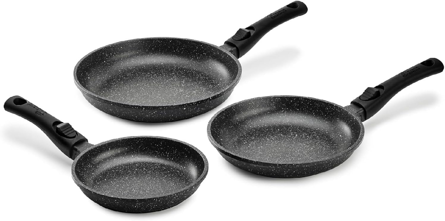Pradel Excellence - PCUI001032 - Lot de 3 Poêles en Fonte d'Aluminium Premium Ø20,24,28cm - Revêtement Anti-Adhésif Façon Pierre - Manches Amovibles - Tout Feu, Noir