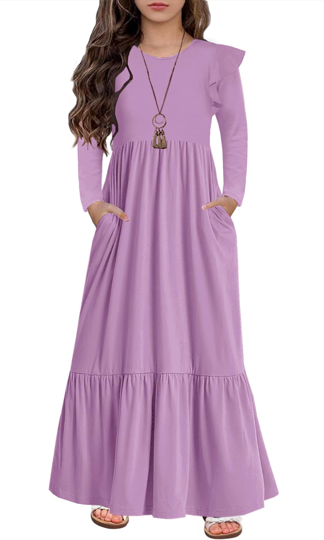 HOSIKA Maxikleid für Mädchen, Rüschen, lange Ärmel, Rundhalsausschnitt, locker, lässig, fließend, gestuft, mit Taschen, für 6–12 Jahre