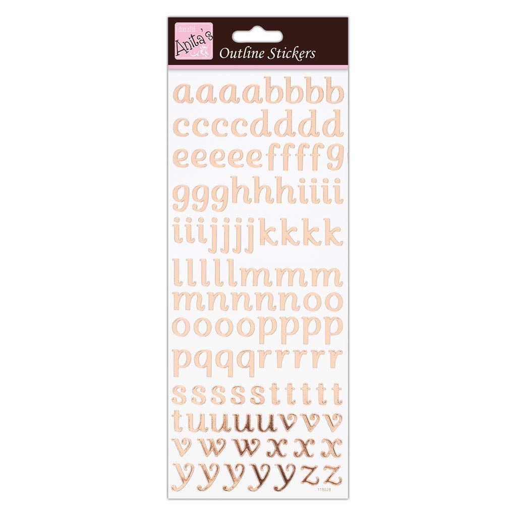 Anita's Rose Gold On White Outline Stickers, Script Alpha Lower Case, For Scrapbooking, Card Making, Kids Play, Homework, Art, Craft, Embelish, Decorative, Paper, Card, Glass, Metal, Plastic, Foam