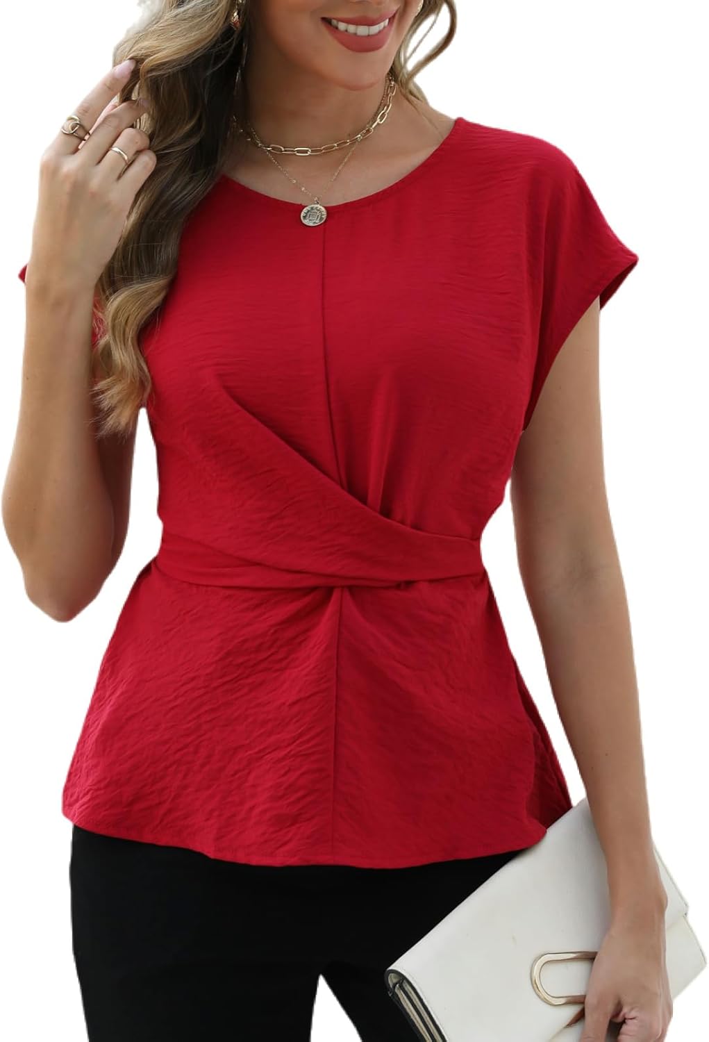 CiCiBird Women Dressy Casual Blouse Work Tie Back Peplum Shirt Trendy Crew Neck Cap Sleeve Tops