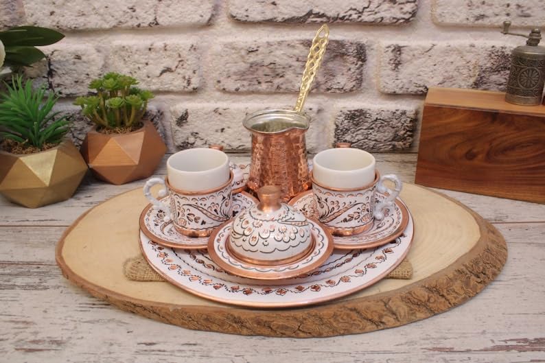 OHVVGN Turkish Coffee Set, Coffee Cups and Copper Coffee Pot, Unique Home Decor