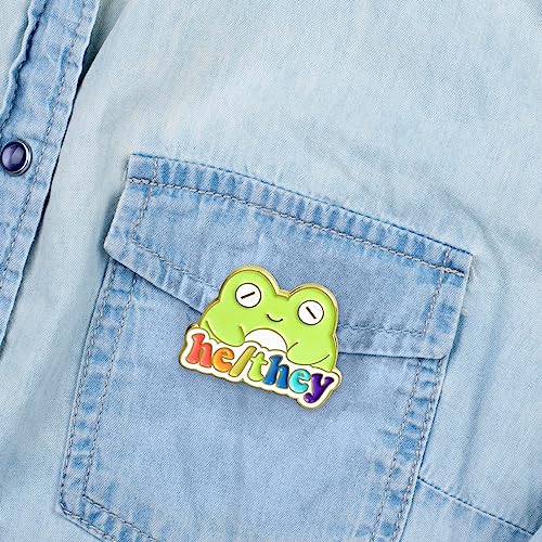 Image of LGBTQ Pronouns Cute Frog Pin - Gender Identity Bulk Pins for Pride Parade or Daily Wear - They /Them (Free 1pc Pride Sticker Included)