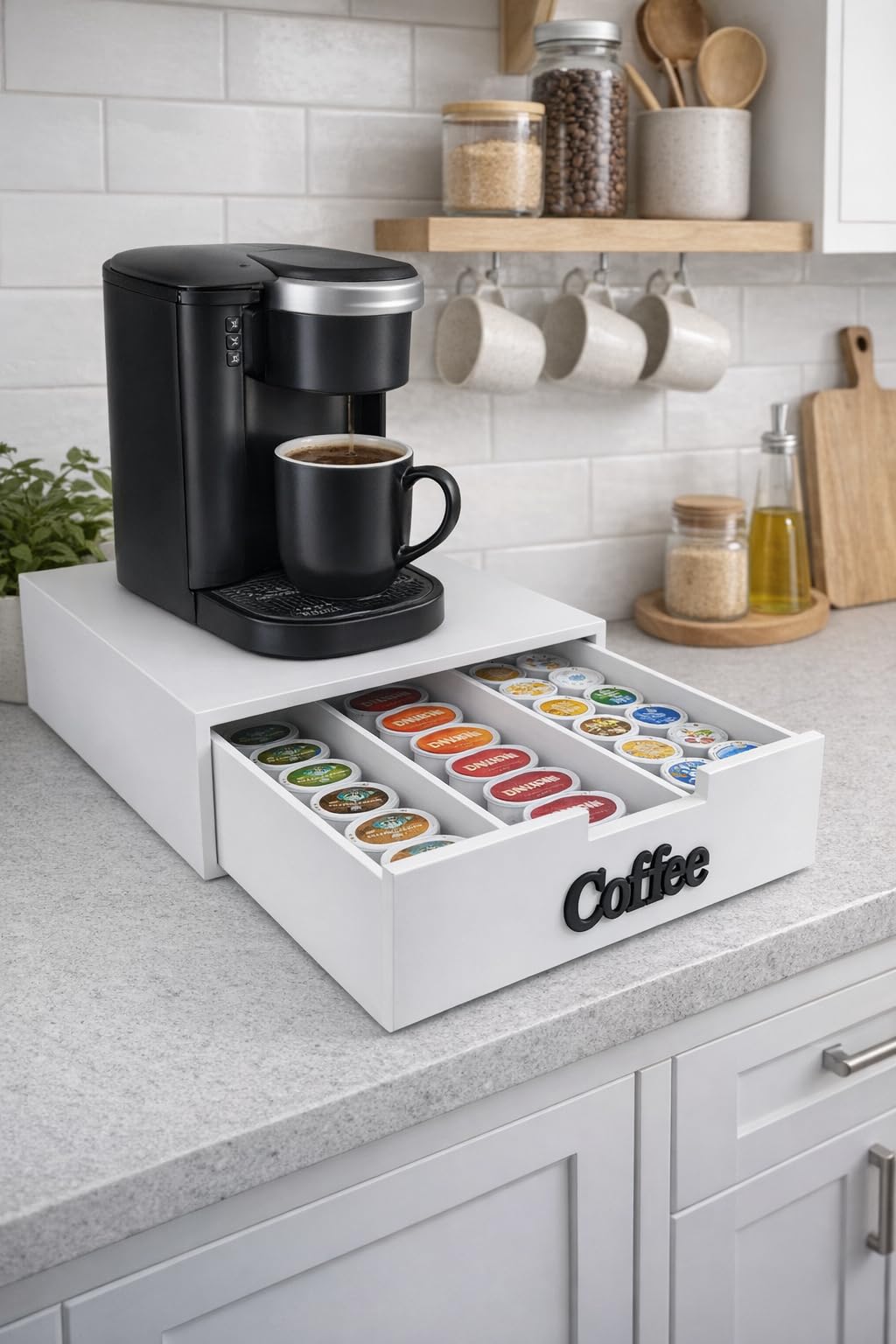 Porta Cialde e Capsule in Bambù con Cassetto (3 Scomparti) Organizer elegante per cialde, capsule e tisane, scritta nera e scritta oro (scritta oro)