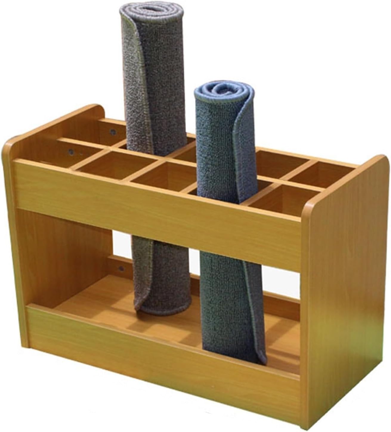 Natural Wood Yoga Mat Holder Rack with 10 Compartments – Stylish Storage Organizer for Yoga Mats, Foam Rollers & Kettlebells (Oak Finish)