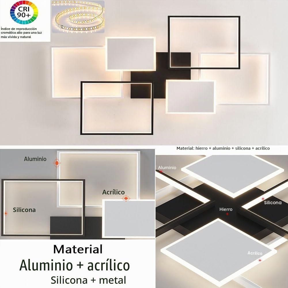 LIUYU Lámpara led de techo salón regulable 90x60cm negro-blanco 75W | Lámpara techo con mando a distancia, 6400lm, diseño rectangular, memoria 3000-6500K, luz de techo salón cocina dormitorio