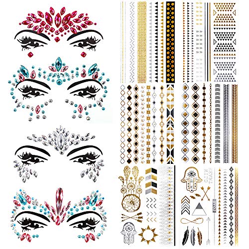 6 Sheets Metallic Temporary Tattoos&4 Set Crystal Body Gems, Teenitor Rhinestone Mermaid Face Jewels Tattoo Body Stickers Crystal Tears Gem Stones Temporary Stickers Gold and Silver Fake Tattoos