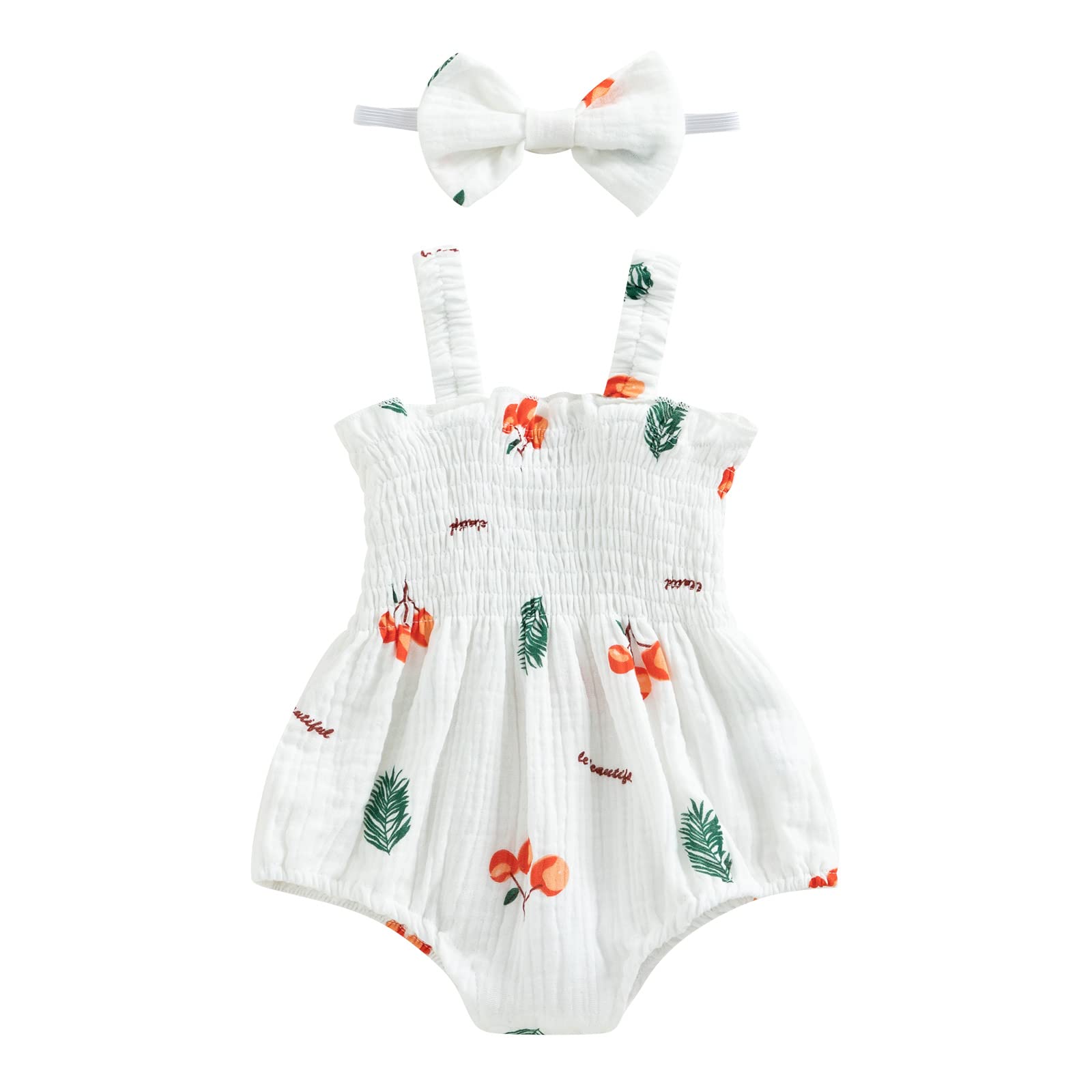 Newborn Baby Girl Summer Bodysuit Print One Piece Ruffle Strap Romper Jumpsuit Cotton Playsuit with Headband