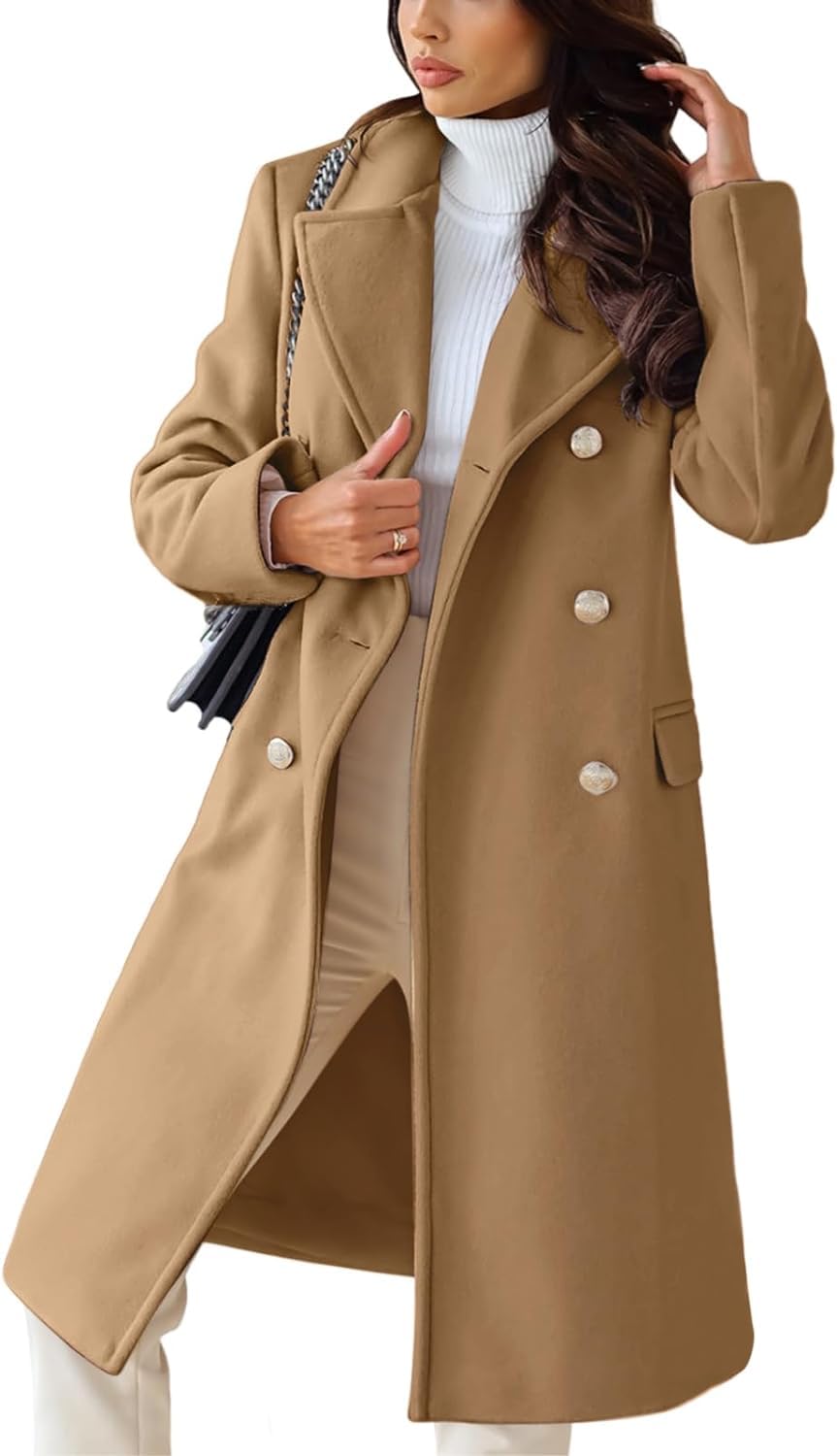 Abrigo Largo de Lana con Doble Botonadura y Solapa de Invierno para Mujer