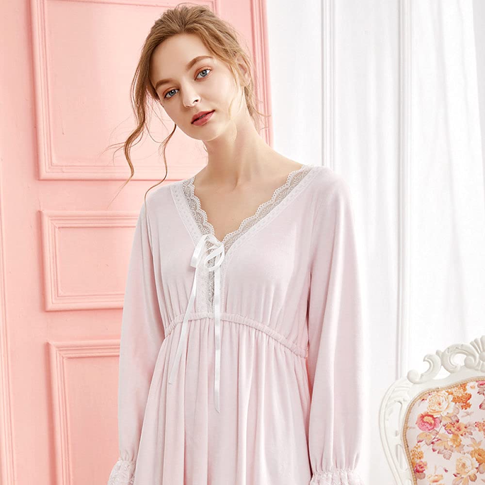 Camisón De Noche Para Mujer,Camisones De Mujer De Manga Larga Rosa Estilo Princesa De Franela Encaje Suave Suelto Con Cuello En V Camisón Camisones Informales Transpirables Camisón Largo Ropa De