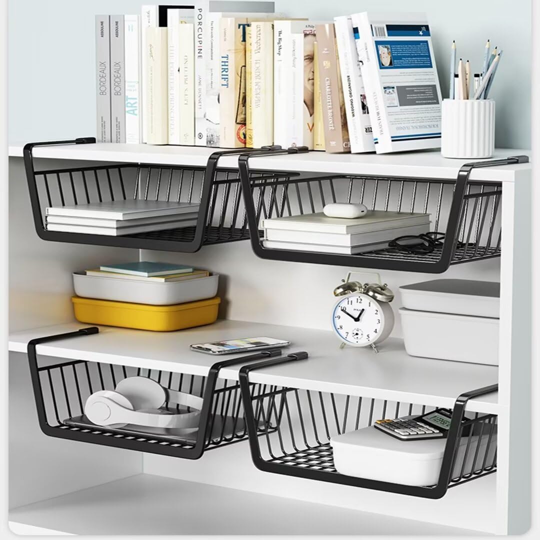 Onderkast hangmand van metaal 40 x 26 cm set van 2 - wit - opbergmand om op te hangen aan planken - draadmand, organizer, mand voor kast, keuken, kantoor
