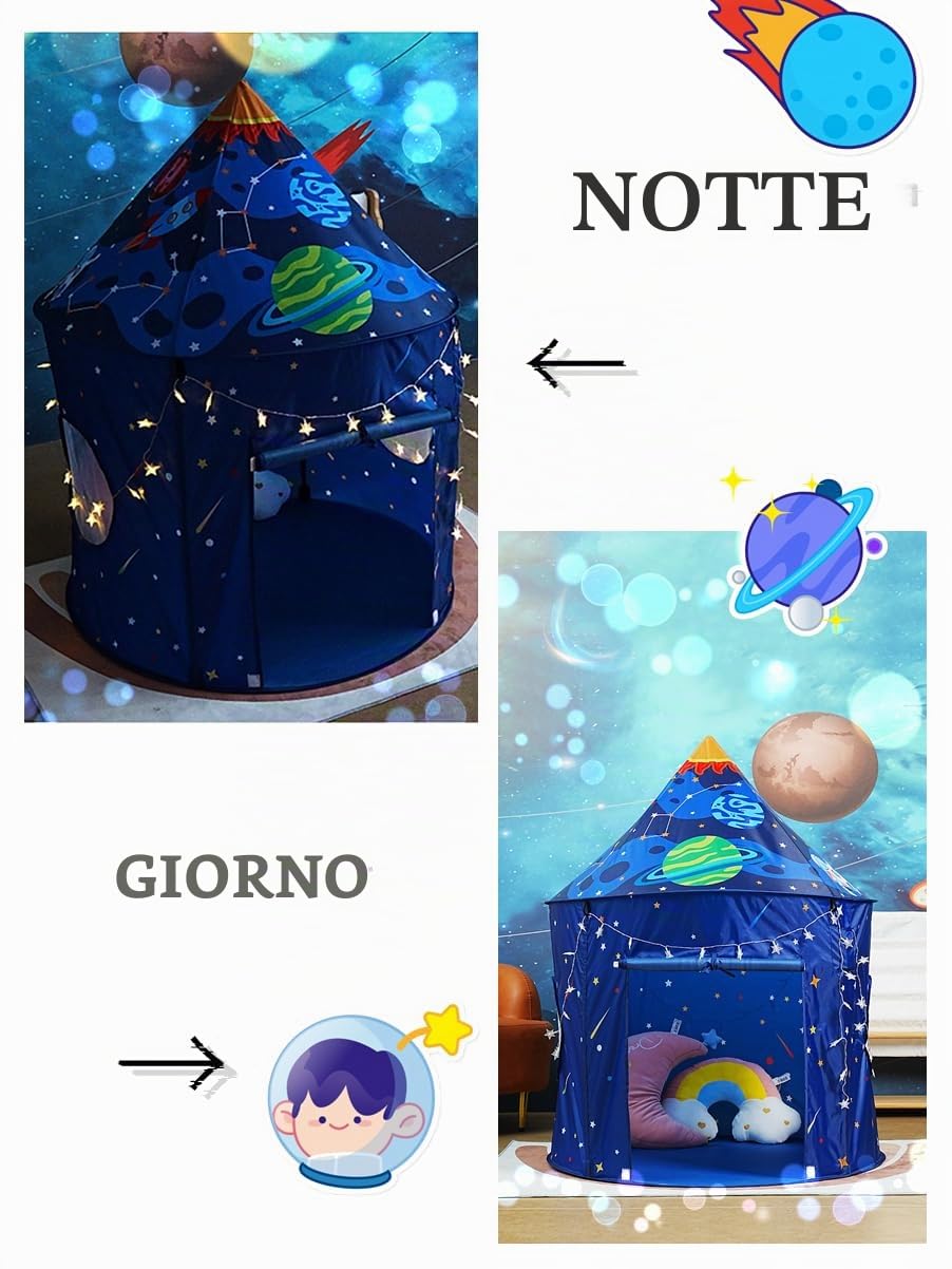Tenda da gioco per bambini per bambini, tenda per castello teepee per bambini, sicurezza e atossica, giocattoli da gioco per interni/esterni, casa Wendy, con luci a stelle (astronave)