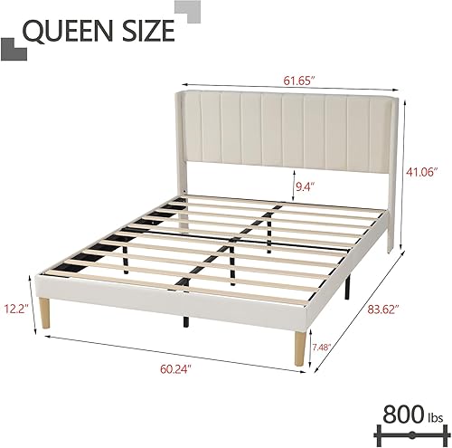 Miniatura 102 de Zoophyter Base de cama tapizada de tamaño matrimonial con cabecero, listones de madera fuertes, no necesita somier, fácil montaje, lino blanco