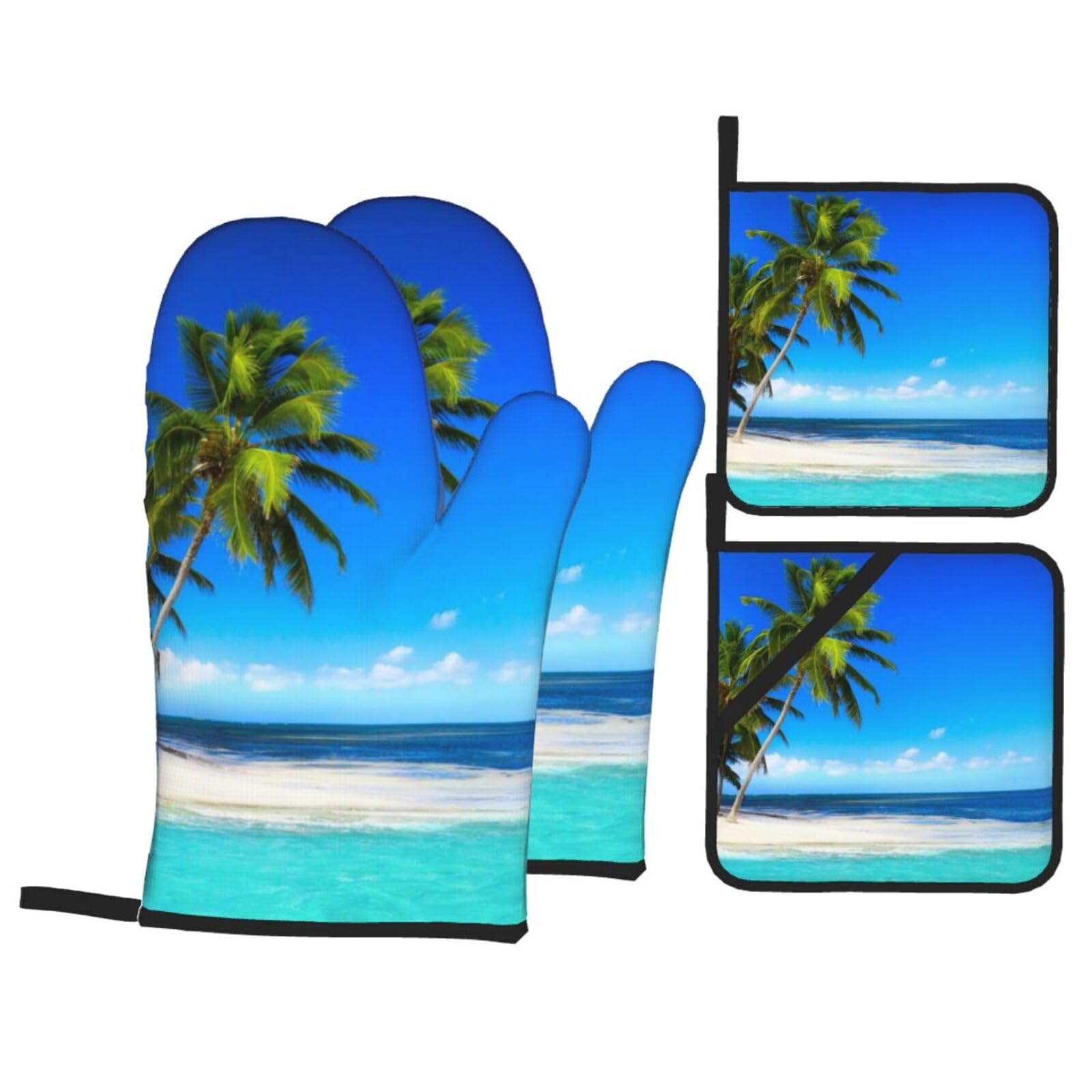 Palm Trees And Clear Sea Print Stylish Heat-Resistant Oven 4-Piece Set Kitchen Gloves Roasting Daily Cooking