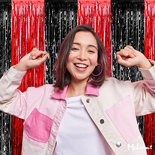 Image of 4 Pack 3.2Ft x 9.8Ft Black Red Fringe Curtain Backdrop, Metallic Tinsel Foil Fringe Streamers Curtains Background for Photo Booth Wedding Casino Viva Las Vegas Game Night Birthday Party Decorations