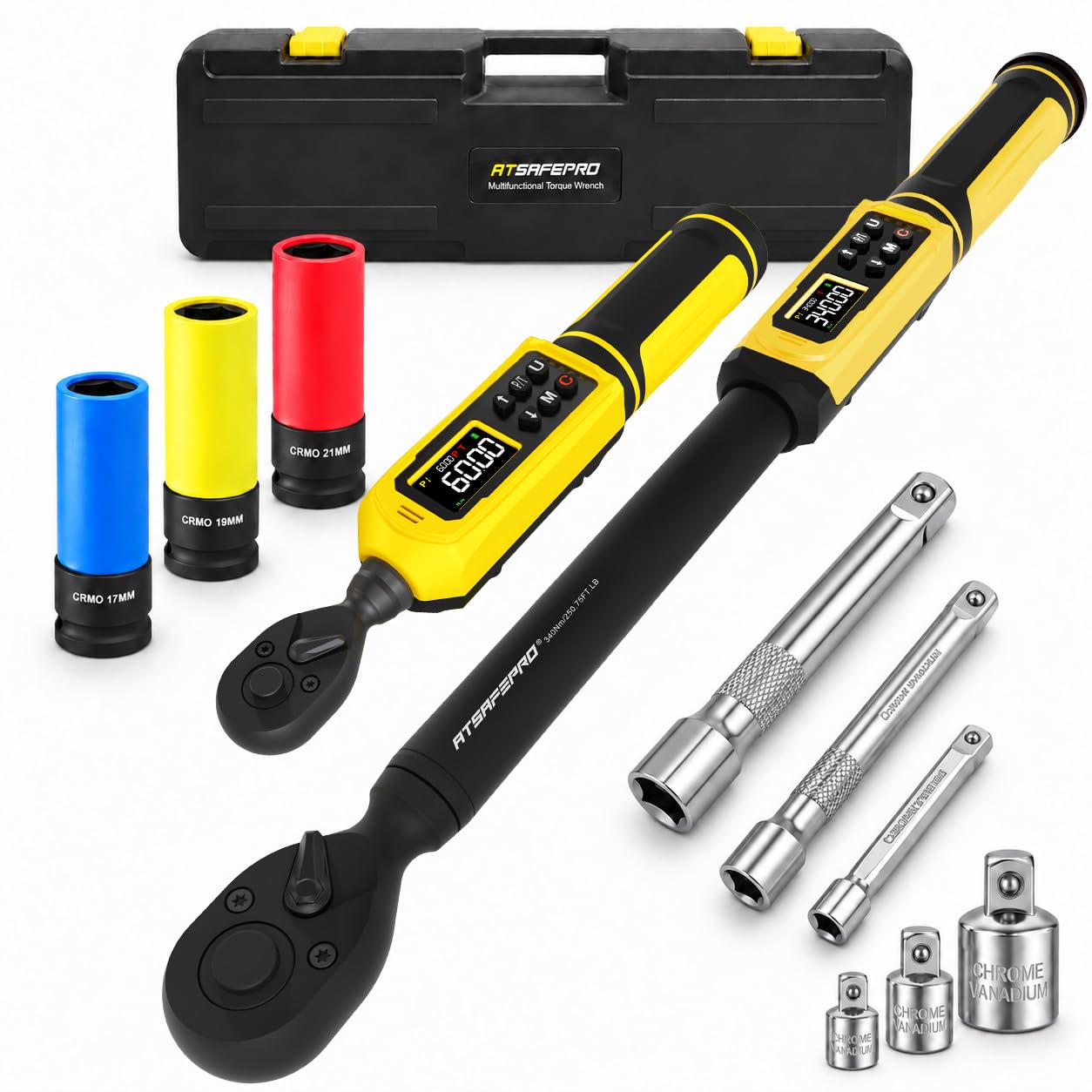 ATsafepro 11-Piece Digital Torque Wrench Set, 3/8" 0.9-60 Nm & 1/2" 5.1-340 Nm, ±2% Accuracy, 72-Tooth, LCD Screen with Buzzer & LED Alerts, Sockets & Extension Bars