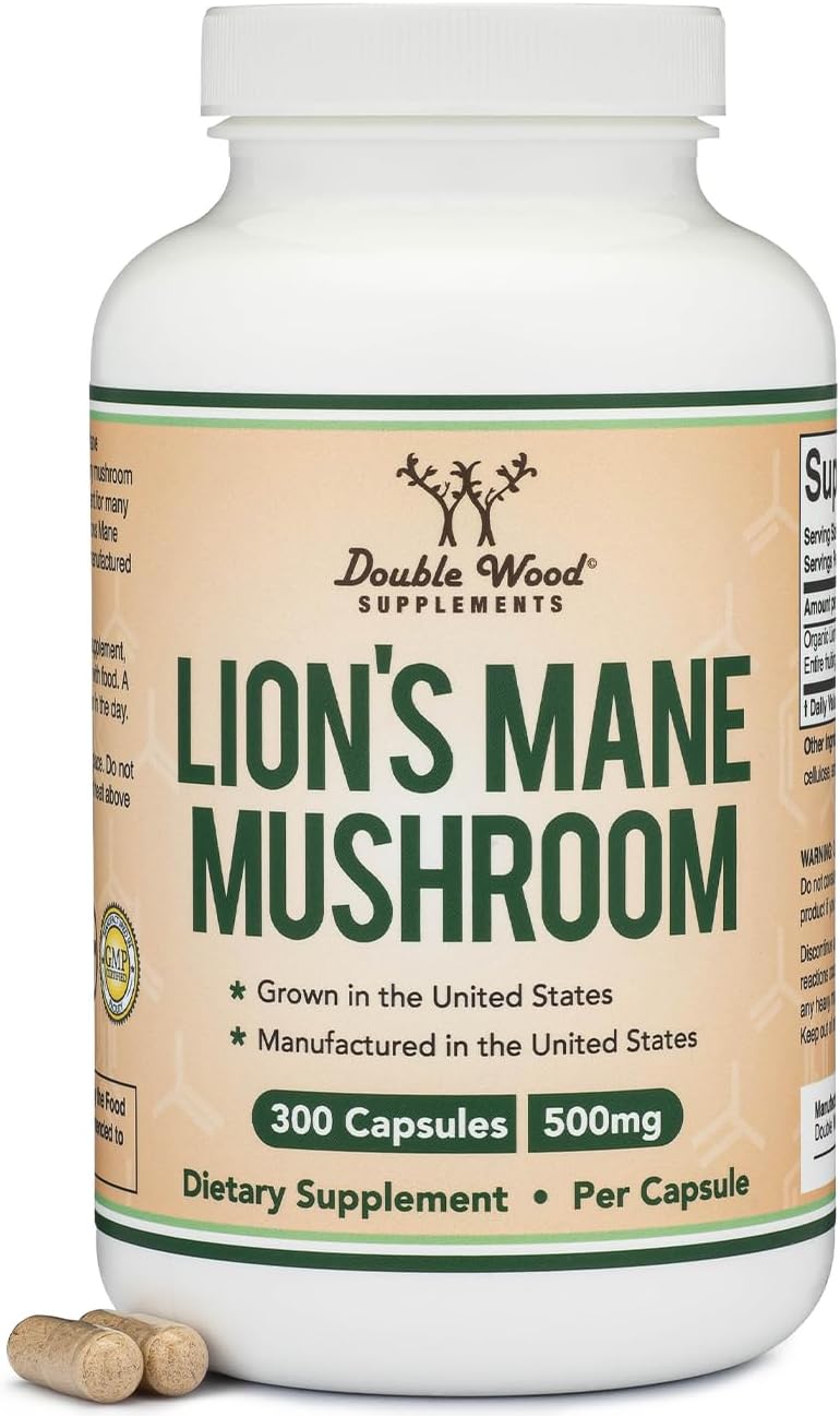 Organic Lions Mane Mushroom Capsules (300 Count), for Focus Support and Immune Health, Third Party Tested and Grown in The USA - by Double Wood