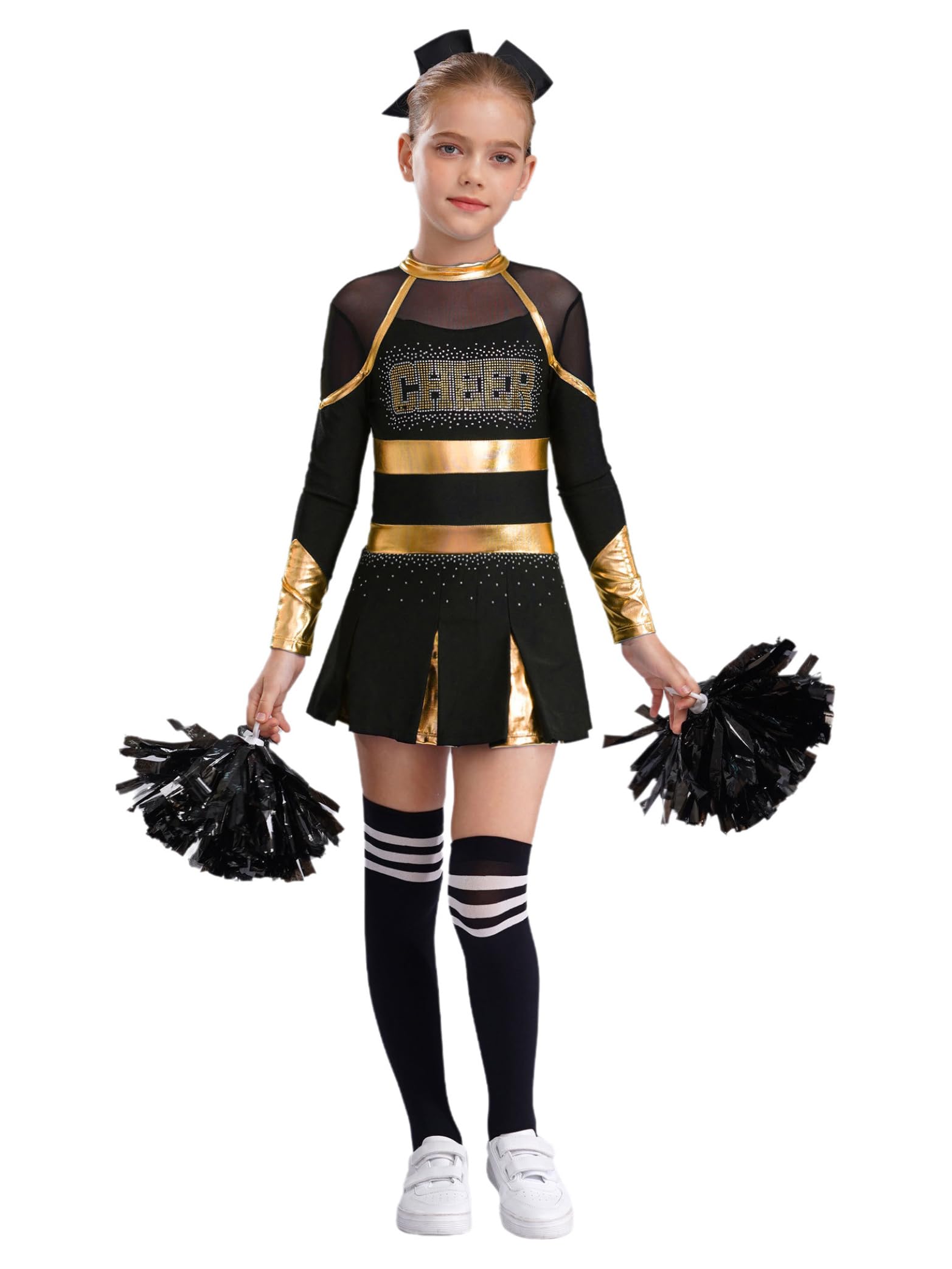 Miaeowve 4 Pcs Girl Cheerleading Uniform Dress Cheer Leader Costume Cosplay Outfits for Kids Halloween Carnival Dress up Gold&Black 7-8 Years