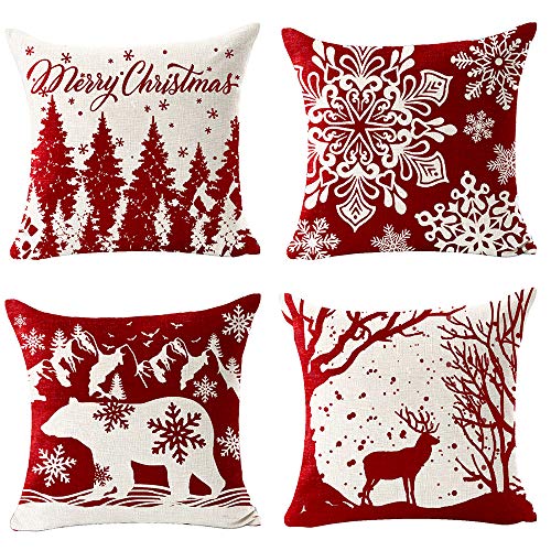 Andreannie Set Of 4 Merry Christmas Let It Snow Snowflake Red Bear Cotton Linen Decorative Throw Pillow Cover Cushion Case For Home Sofa Square 18 Inches­ (Cardinal) #TOP5