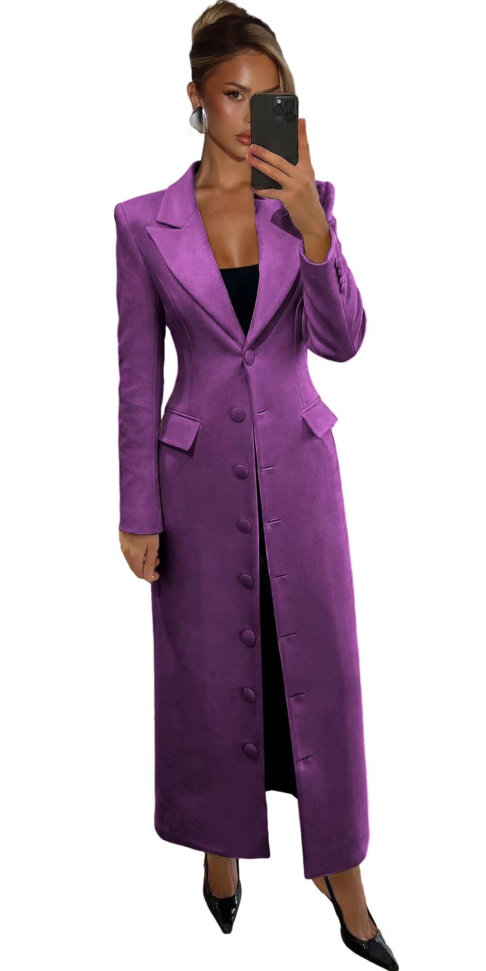 Womens Blazer Business Casual Single Breasted Long Blazers for Women Trendy Peak Lapel Suit Jacket for Wedding Party