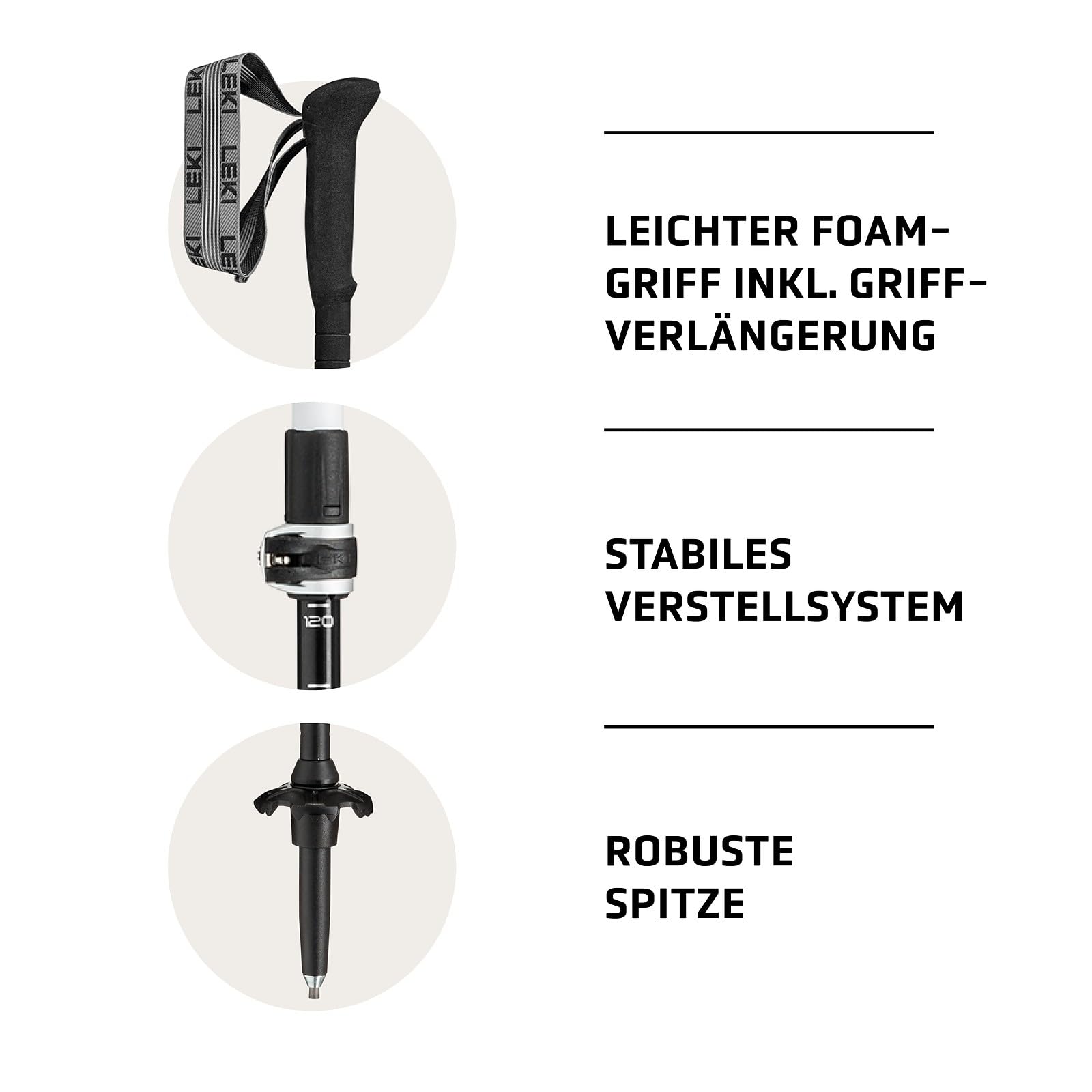 LEKI Skytera Lite Wanderstöcke Damen & Herren | verstellbare Trekkingstöcke aus Aluminium (90-135cm) mit Trekkingteller | komfortabler Schaum-Griff + Griffverlängerung | Performance Series