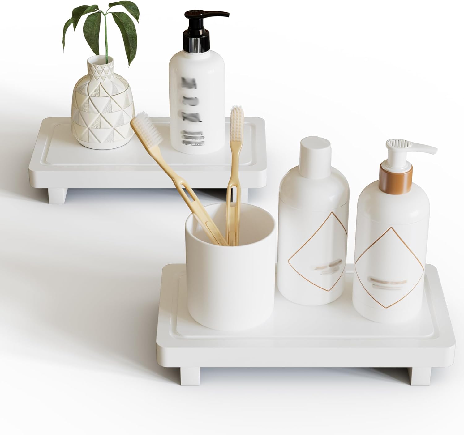 ZGO Small Counter Tray Set of 2, Wooden Soap Holder for Vanity, Decorative Tray for Bathroom & Kitchen White