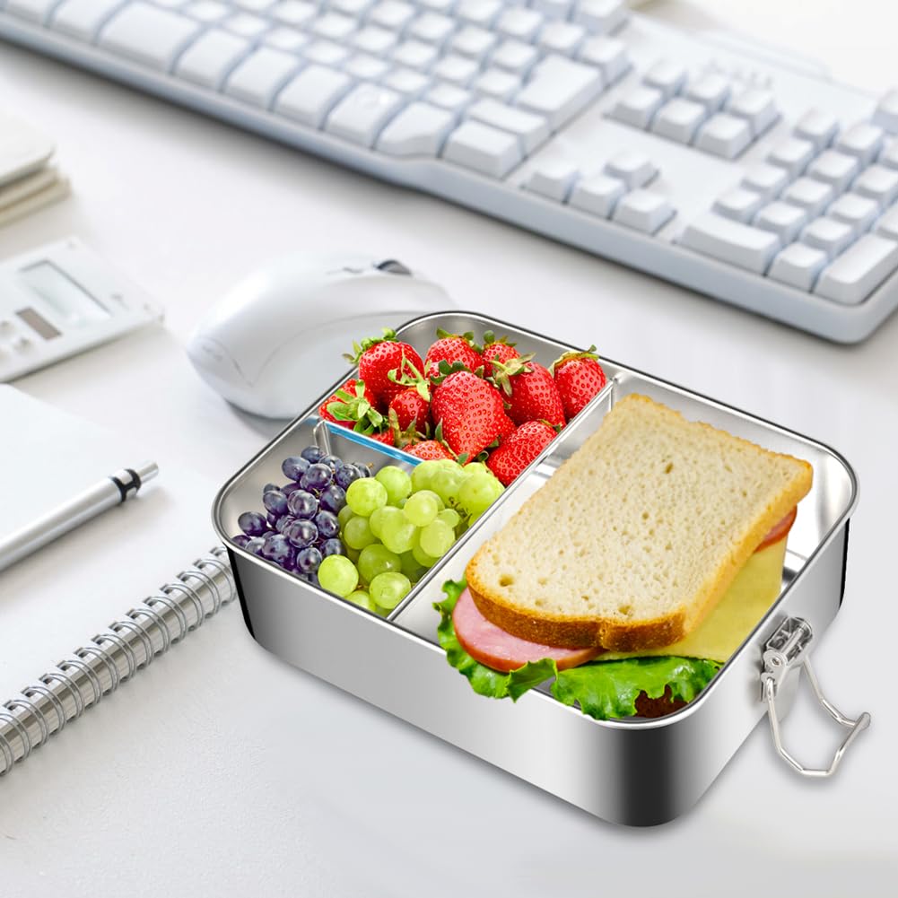 Umllpet Roestvrijstalen broodtrommel met vakken, 1200 ml lunchbox, bento box voor kinderen, metalen lunchbox, lekvrij met 3 vakken, lunchbox, lekvrij, snackbox, brooddoos voor kinderen en volwassenen
