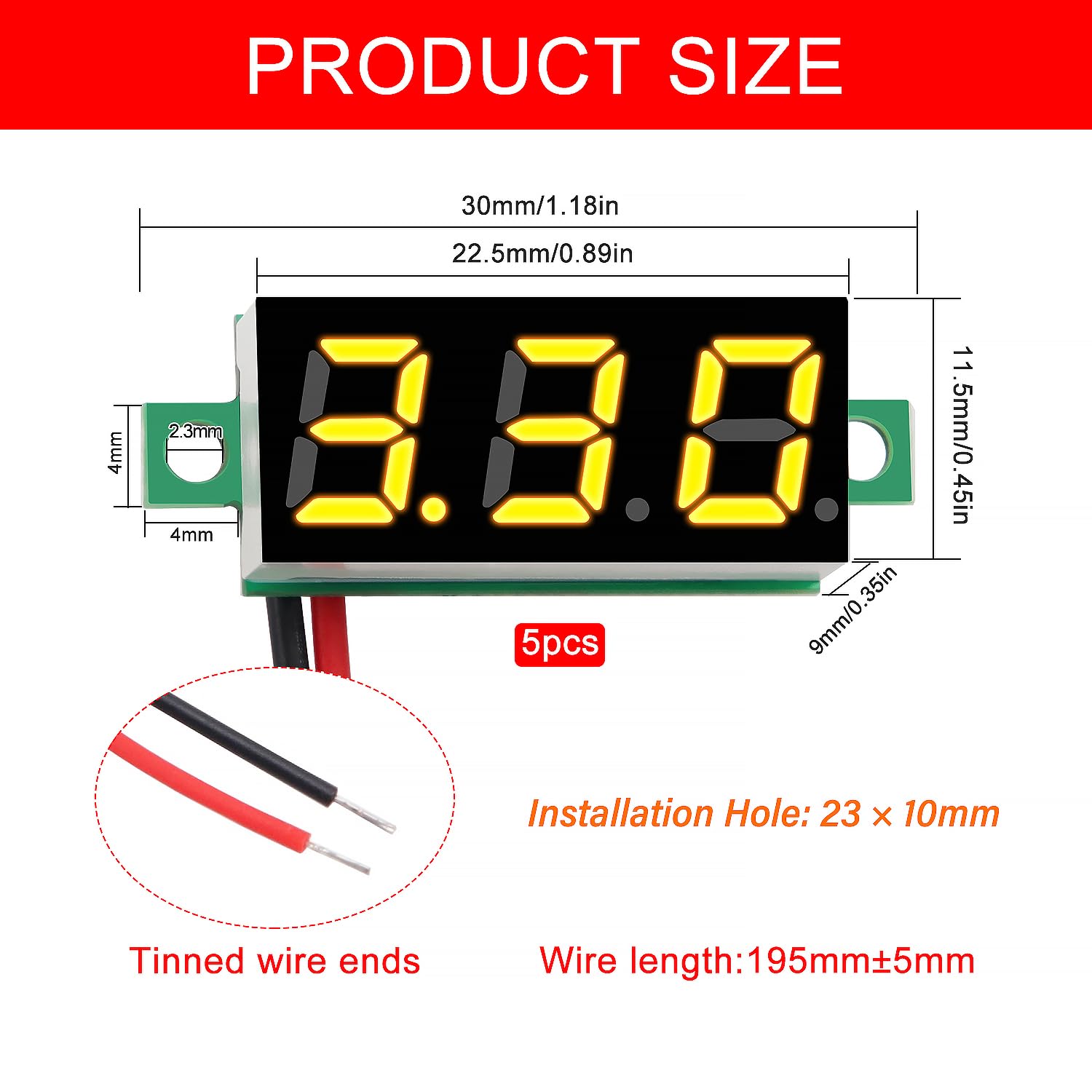 YIXISI 5 Sztuk 0.28 Cala Mini Cyfrowy Woltomierz, Zakres Pomiarowy DC 2.4V-30V Dwuprzewodowy Tester Napięcia, Ochrona Przed Odwrotną Polaryzacją i Dokładny Pomiar Ciśnienia (Żółty)