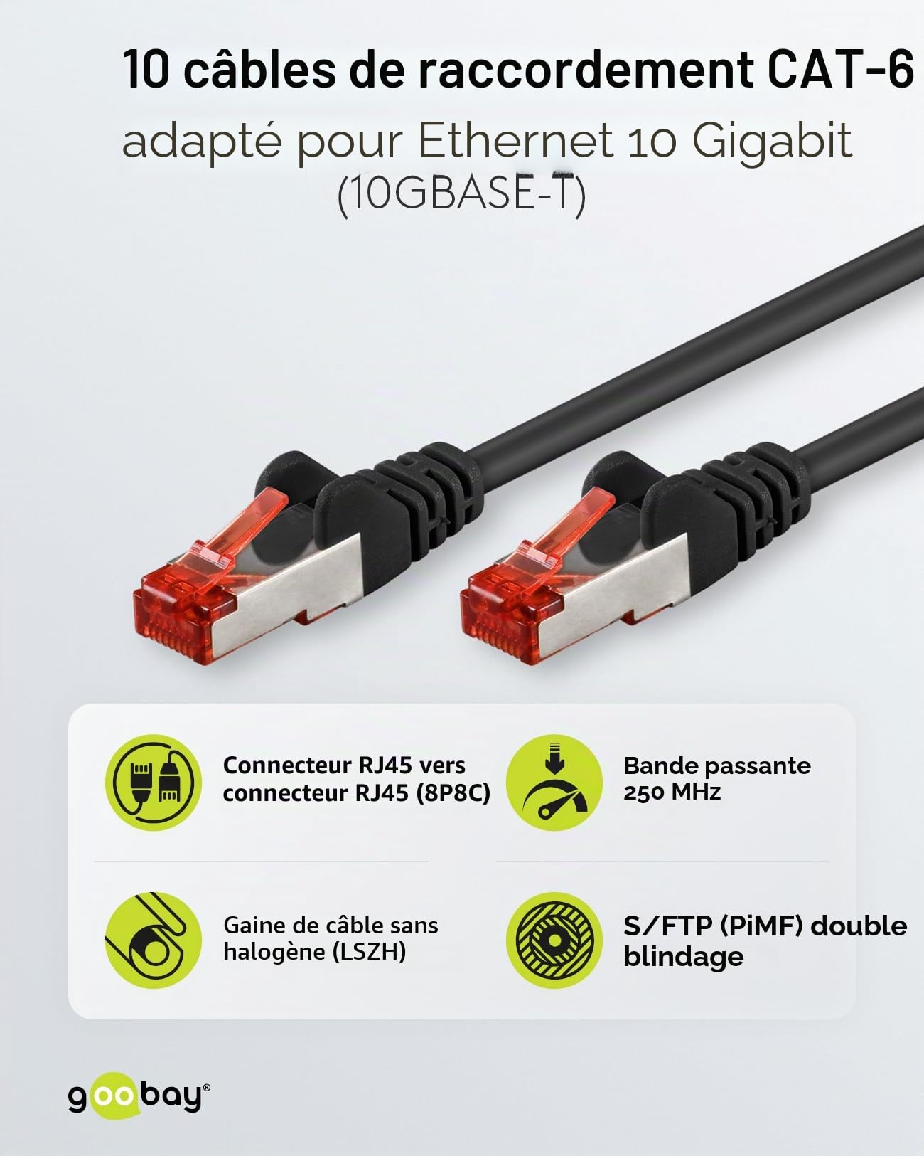 goobay Lot de 10 câbles réseau Cat 6 blindés S/FTP/CU Câble Ethernet PiMF LSZH/Cat 6 10 Gbit/s 10 x 2 m 65979 Noir