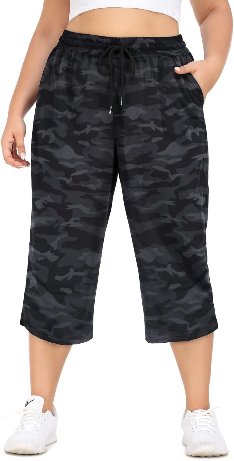 COOTRY Plus Size Capris for Women Loose Drawstring Yoga Workout Sweat Pants with Pockets