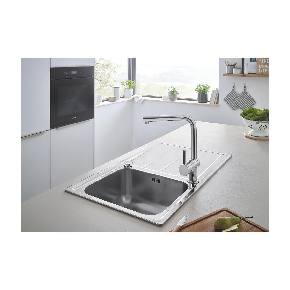 GROHE K500 | 1 Becken | Edelstahlspüle mit Abtropffläche | Ausschnittmaß: 842 * 482 mm | Zubehör: Exzenterbedienung, Ablaufgarnitur, Siebkorbventil und Montageset | Edelstahl | 31571SD1