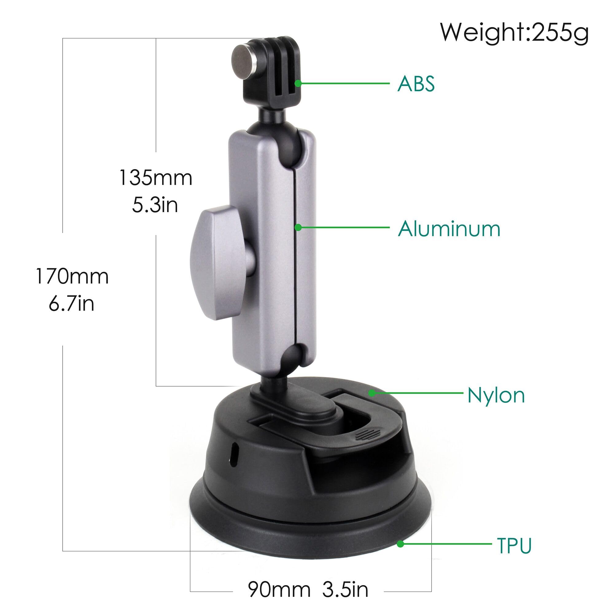 YALLSAME 360° Rotation Suction Cup Camera Mount with 1/4'' Ball Head&Phone Holder on Car Windshield Dash for Vlogging/GPS - Image 2