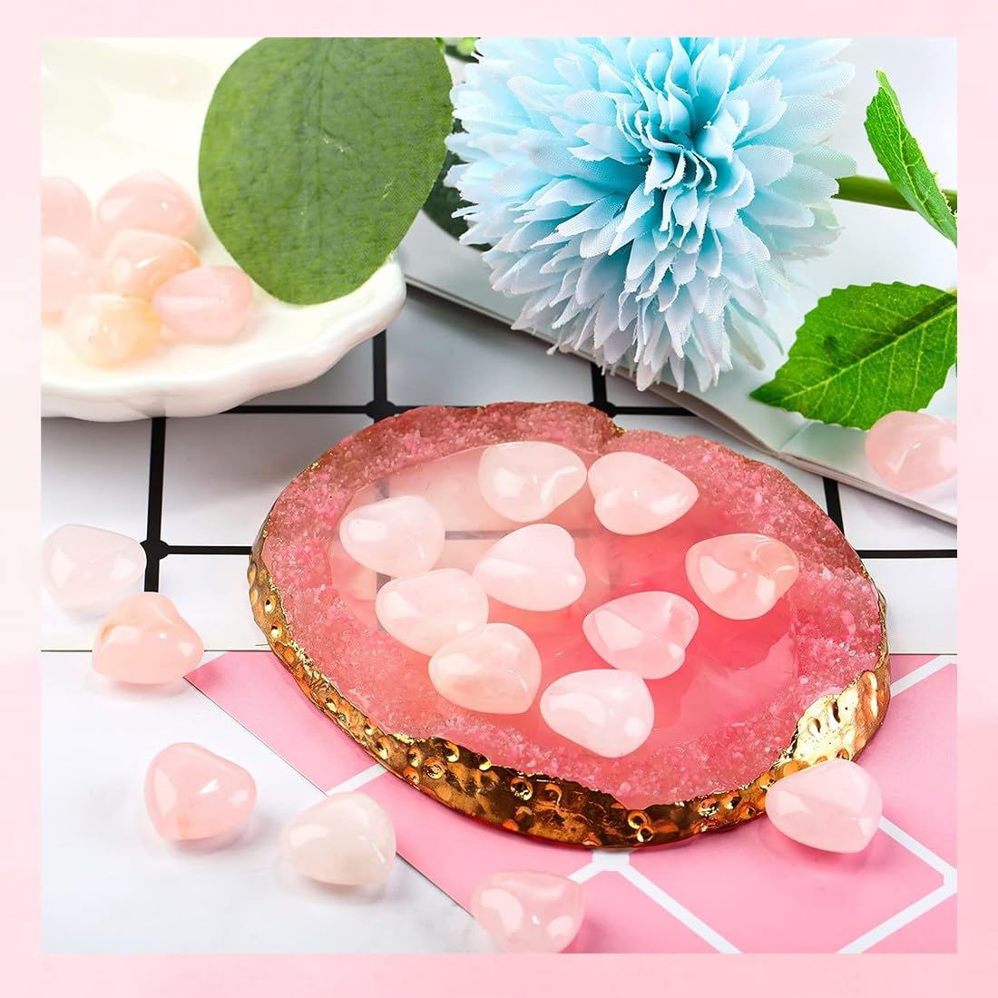 10 Piezas Cuarzo Rosa Piedra Natural, Corazones de Cuarzo Rosa, Piedras de Cristal Rosa Adornos de Corazón, Cristales Naturales Forma de Corazón, para Mujeres Reiki Meditación Decoración