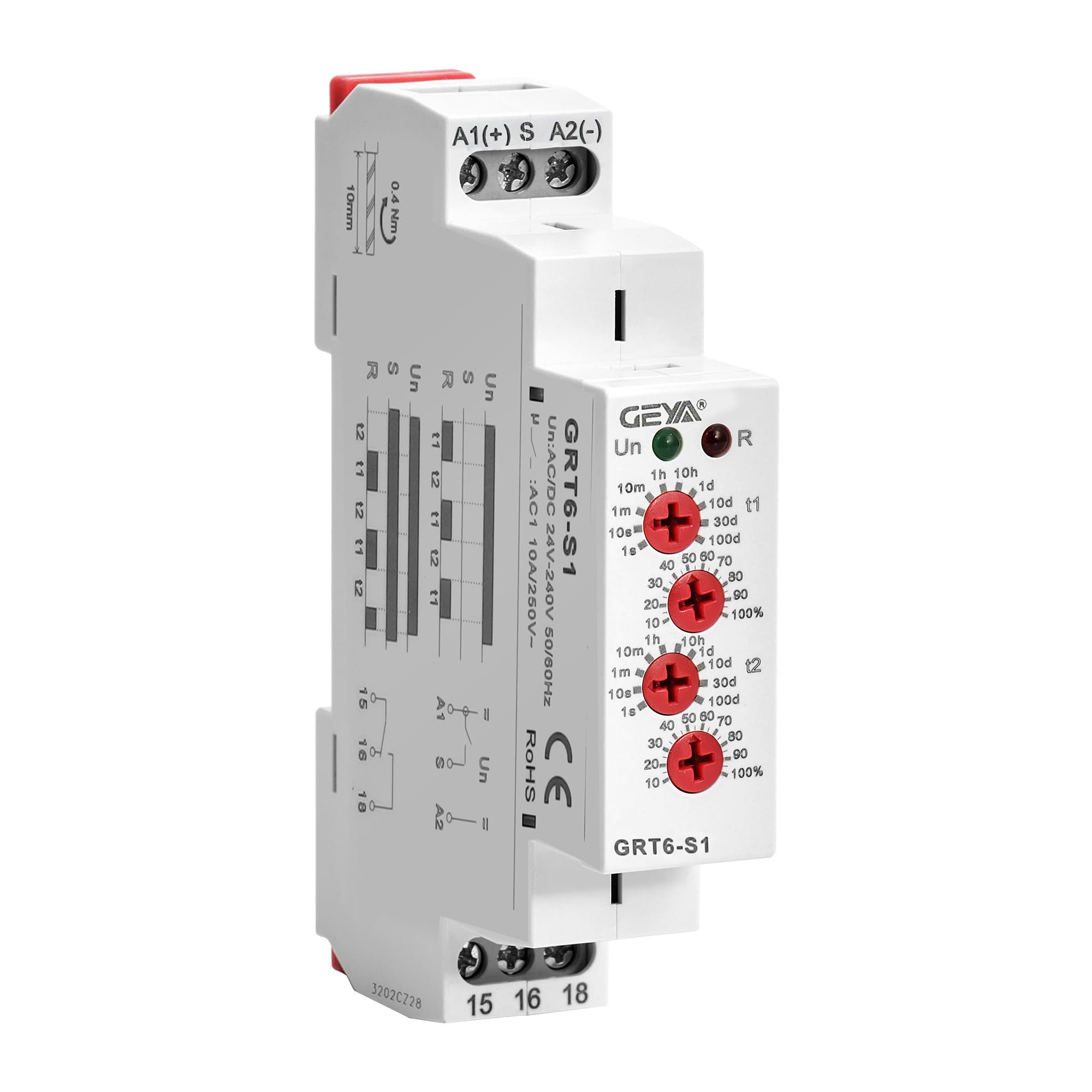 GEYA Asymmetric Cycle Time Relay 1SPDT 10A AC/DC24V-240V Cycler Repeat Timer Delay Relay Din Rail Modular(GRT6-S1,AC/DC24V-240V)