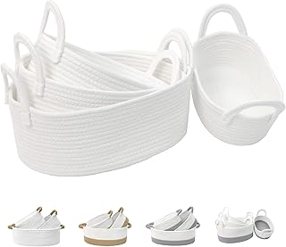 4-Piece Small Woven Basket, Baby Toy Storage Basket, Cute White Rope Basket for Diapers, Towels, Snacks, Dog & Cat Toy Box with Handle, Empty Decorative Gift Basket for Living Room (White)